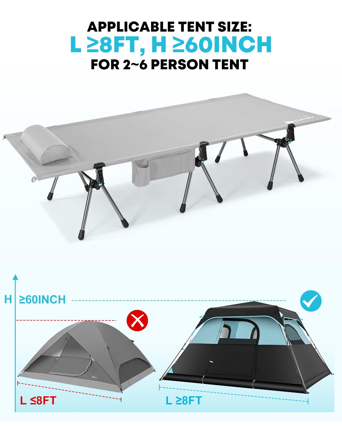 Gonex 31.5" Extra Wide Camping Cot with Leg Extenders 2 in 1 Portable Folding Cot for Adults Height Adjustable Supports 350lbs Sleeping Bed for Backpacking Travel Beach Home (Grey)