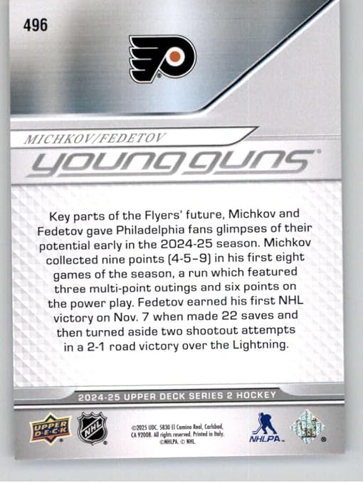 2024-25 Upper Deck Series Two #496 Matvei Michkov/Ivan Fedotov YG Young Guns RC Rookie Card Philadelphia Flyers Young Gun Official Hockey Card in Raw (NM or Better) Condition