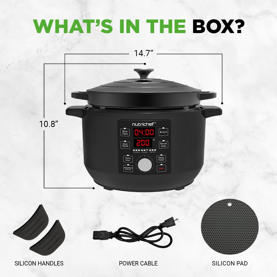 Nutrichef 6 Quart Electric Dutch Oven | 1500W 5-in-1 Enamel Coated Cast Iron Pot with Stainless Steel Lid | Precise Temperature Control | Includes 2 Silicone Pot Holders & Heat Resistant Pad | Black