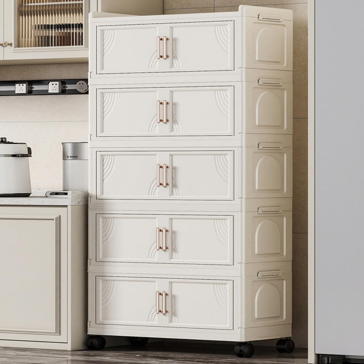 FoldTrend 5 Tier Foldable Storage Cabinet with Lids, 313QT Large Premium PP Storage Organizer with Magnetic Doors and Wheels, Heavy Duty White Storage Bins for Home, Office, Kitchen, Dorm