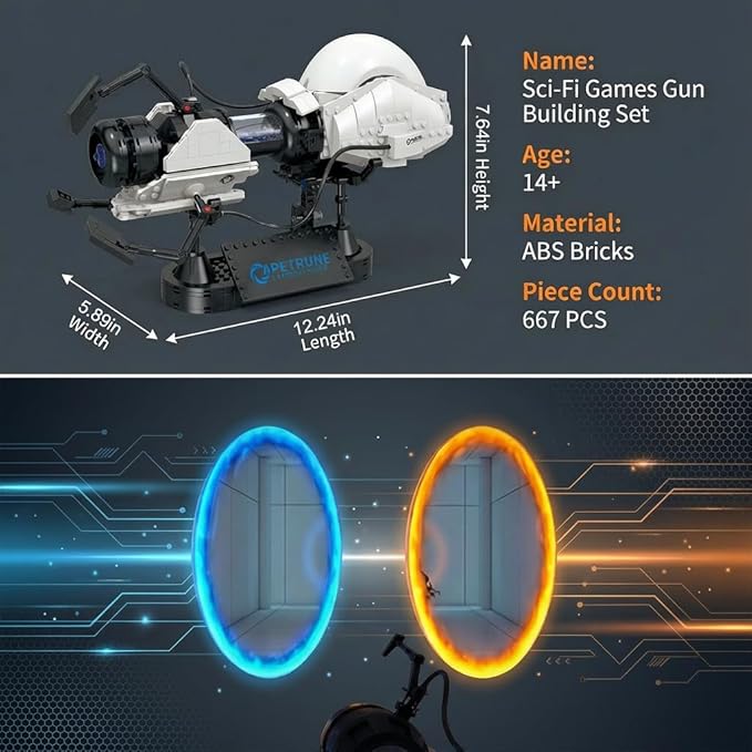 Sci-Fi Games Gun Building Set for Adults Ideas Portol 2 Gun Building Model with Light & Display Stand Cool Collectible Games Fans Gift