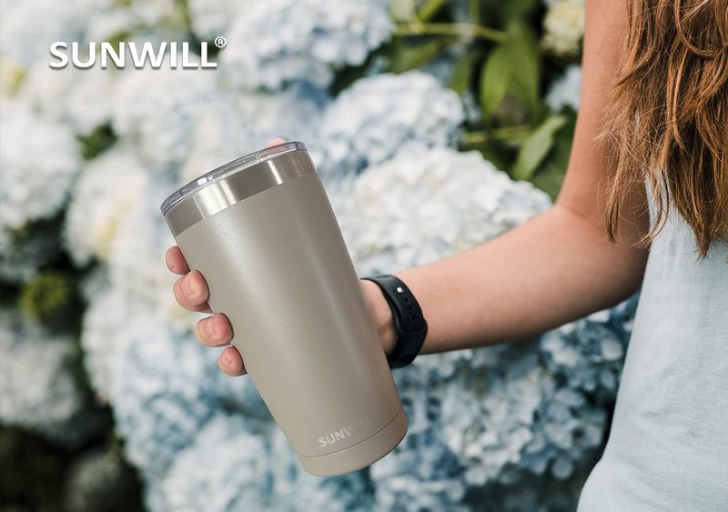 SUNWILL Travel Coffee Tumbler 20 oz, Insulated Mug with Lid, Stainless Steel Cup for Outdoor, Powder Coated Taupe