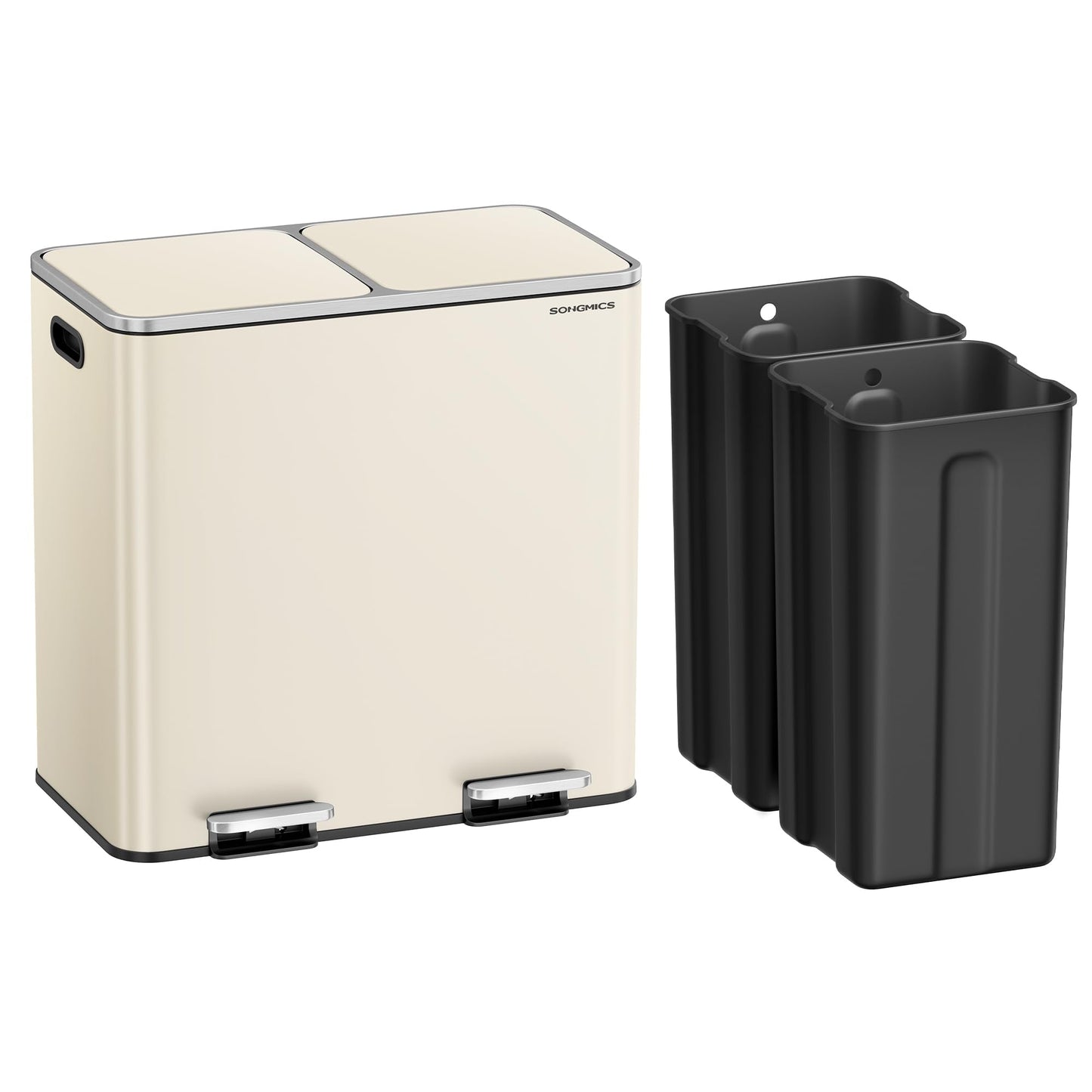 SONGMICS Trash Can, 2 x 10.6 Gallon (2 x 40 L) Garbage Can for Kitchen, with 15 Trash Bags, 2 Compartments, Plastic Inner Buckets and Hinged Lids, Airtight, Almond Color ULTB730A01V1