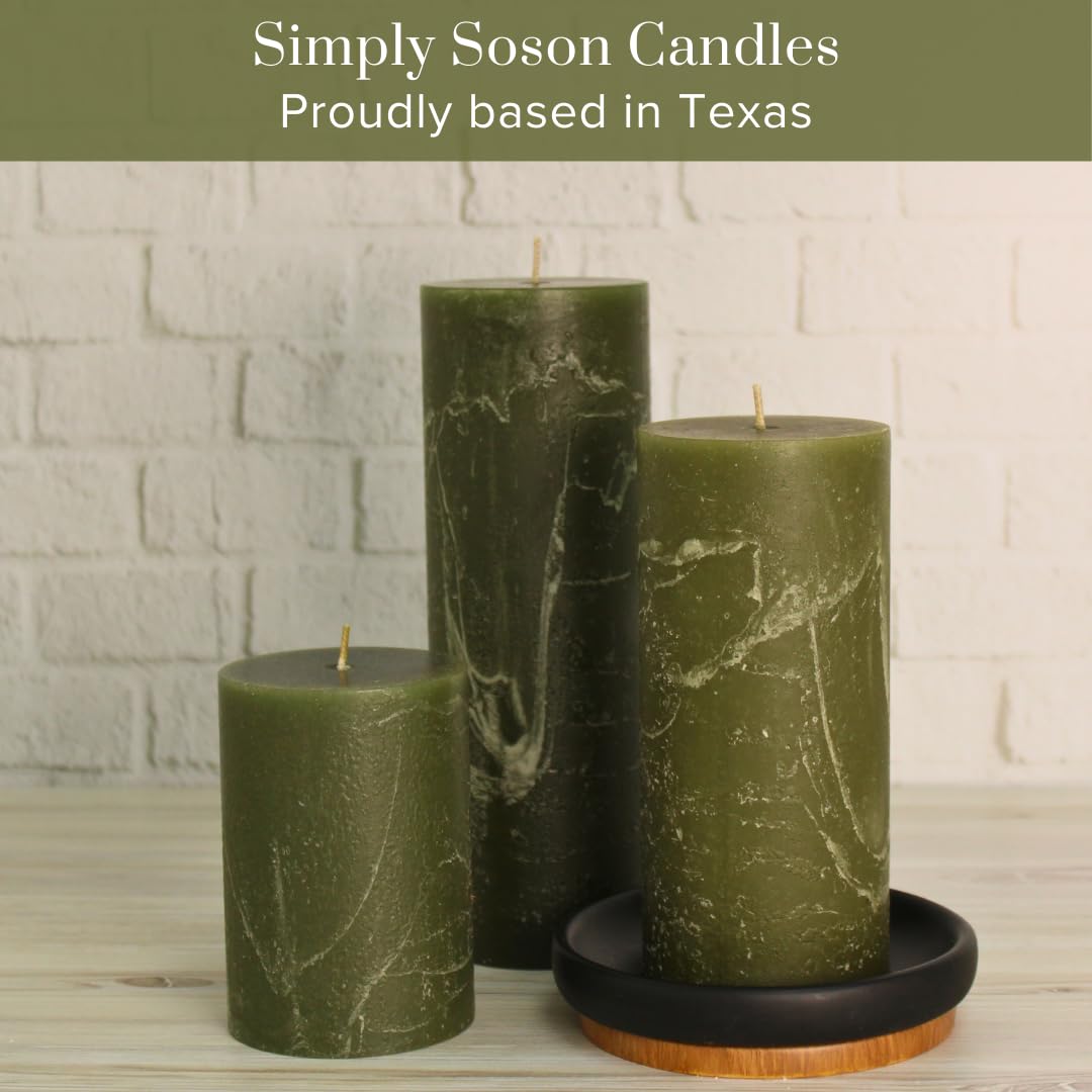Simply Soson 3x4, 3x6, 3x8 inch Dark Moss Green Pillar Candles, Set of 3 Pillar Candles, Rustic Texture, Unscented Green Candles Dripless Candles Ideal as Wedding Parties Spa Dinner Home Decor Church