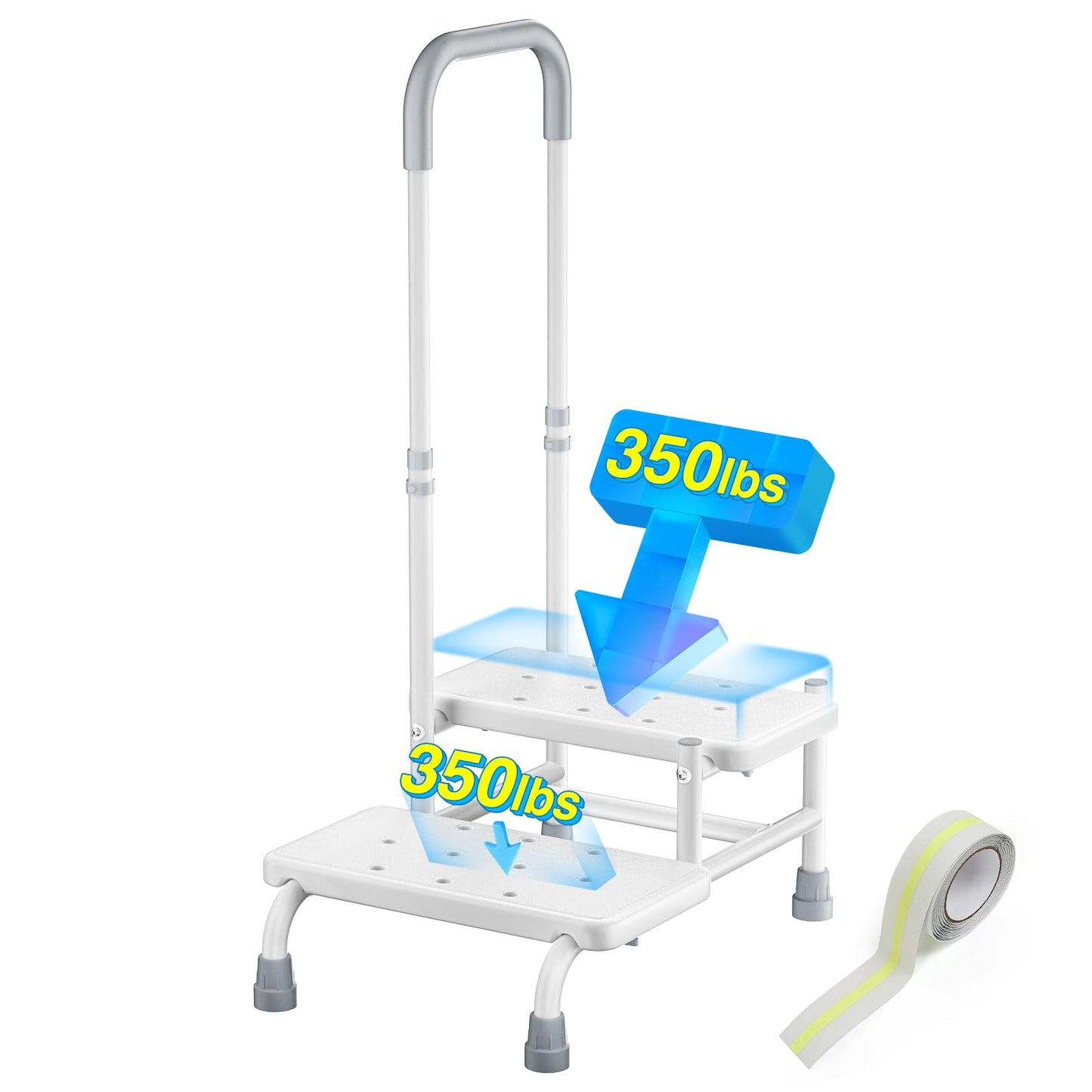 FORTEMOTUS 2 Step Stool with Handle for Elderly - Heavy Duty Bed Steps for High Beds for Adults with Adjustable Handrail &Non-Skid Platform, Foot Stool Ladder for Bedside, Kitchen, Car, RV, Bathtub