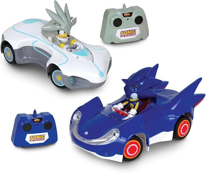 NKOK 1/28 Scale 2.4GHz RC Sonic 2PK RC Sonic & Silver Officially Licensed Full Function Radio Control Detailed 6.5” Vehicle and Character Grippy Tires Adjustable Front Wheels