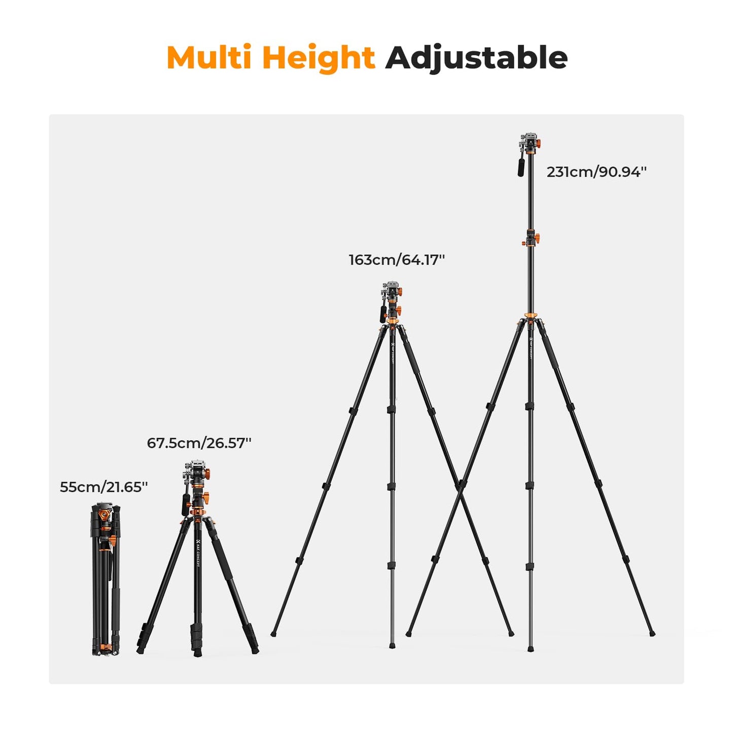 K&F CONCEPT 90''/230cm Overhead Camera Tripod, Horizontal Shooting Video Tripods with Fluid Head Heavy Duty, Detachable Monopod, for Indoor and Outdoor Use T254A7+FH-03