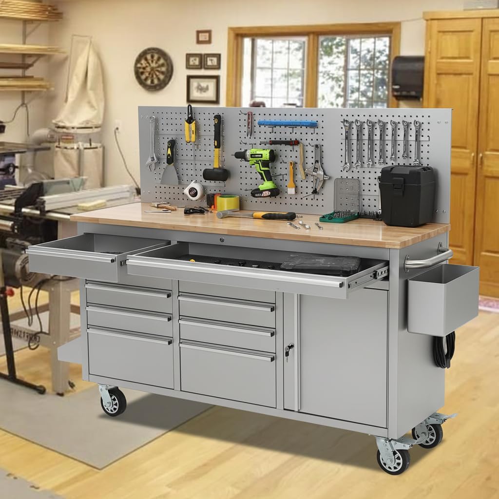 61-Inch Heavy Duty Rolling Tool Chest with 10 Drawers and Solid Rubber Wood Top Mobile Workstation, 1675 LBS Load, Includes Power Strip, Locking System, Drawer Liners for Garage Warehouse Repair Shop