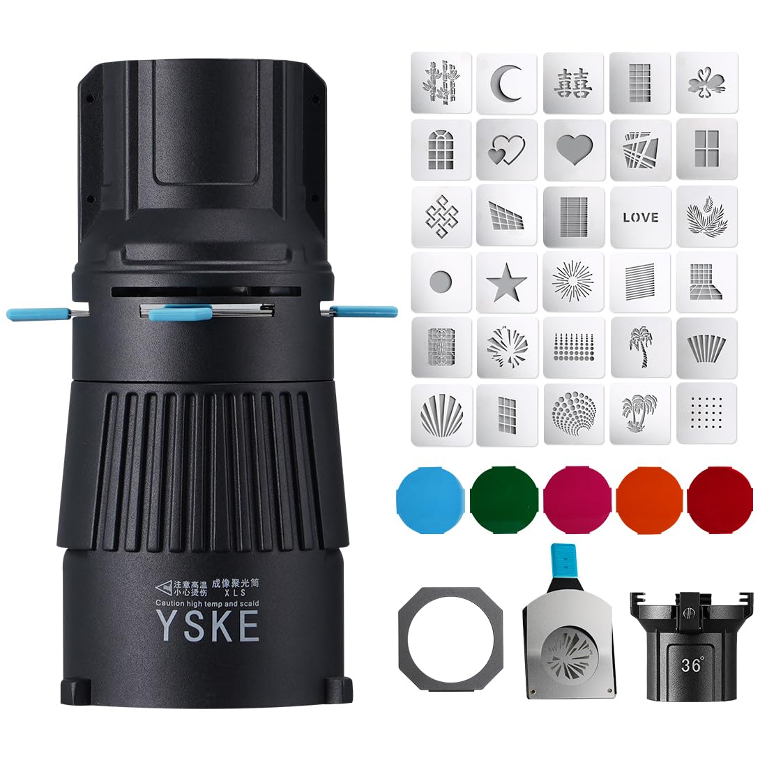 YSKE-Bowens Mount Spotlight Conical Optical Snoot kit 36°,Photography Studio Lighting Accessory with 30 Metal Gobos&5 Color Gels Focus ControlCompatible for Aputure Godox Nee*wer Profoto LED Lights