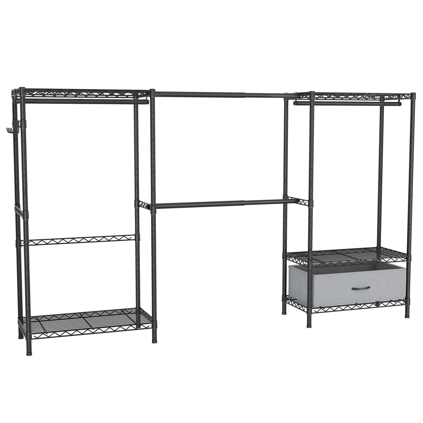 Golpart Coat Rack Clothes Wardrobe:Closet Organizer and Storage Clothing Garment Rack with Shelves Heavy Duty for Hanging Clothes Portable Adjustable Black 15.8" DX(70-88)" WX76.5 H