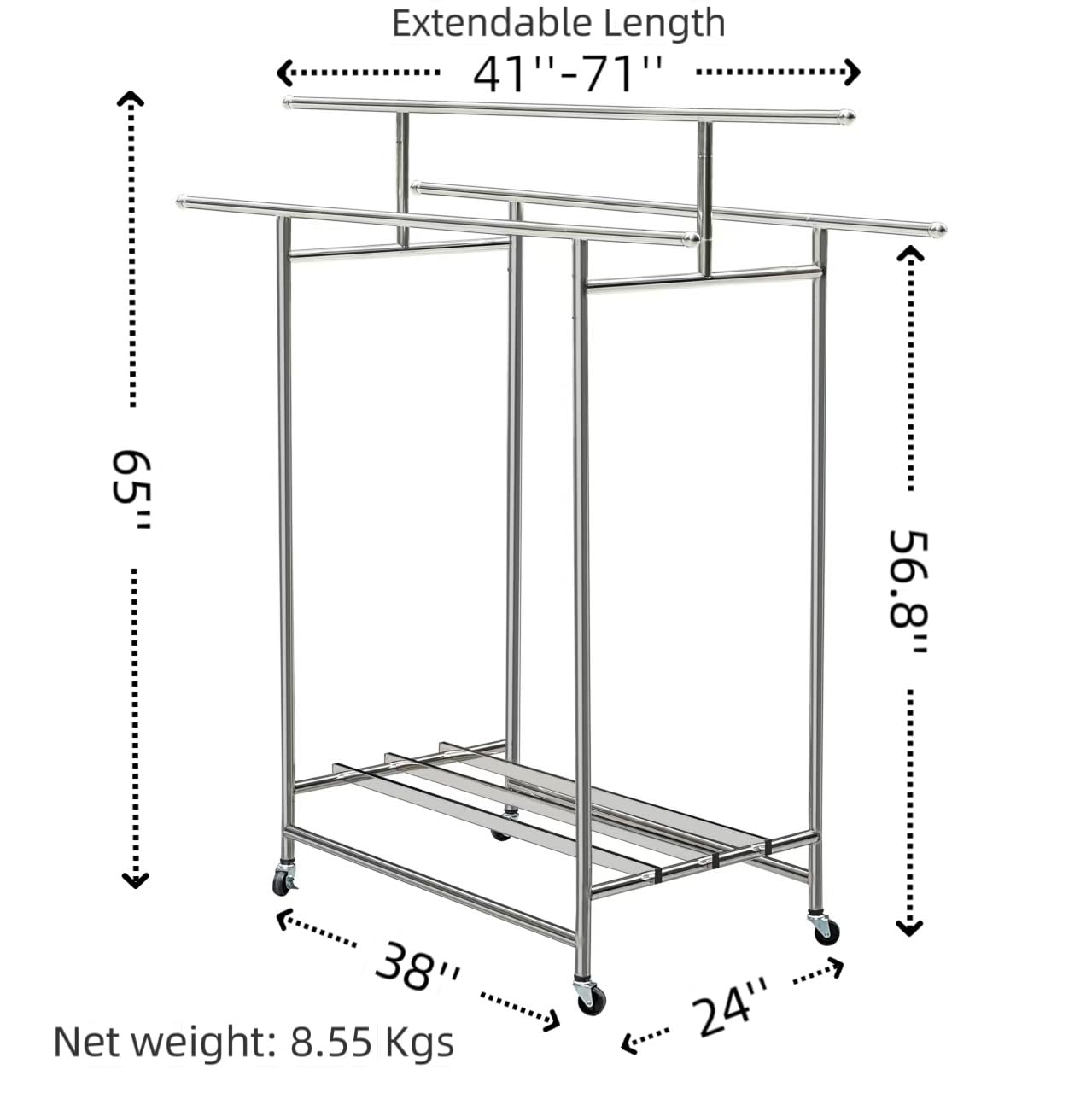 Roeveca Stainless Steel Clothes Rack, 3-Rod Garment Rack for Hanging Clothes with 4 Wheels Load 600 LBS