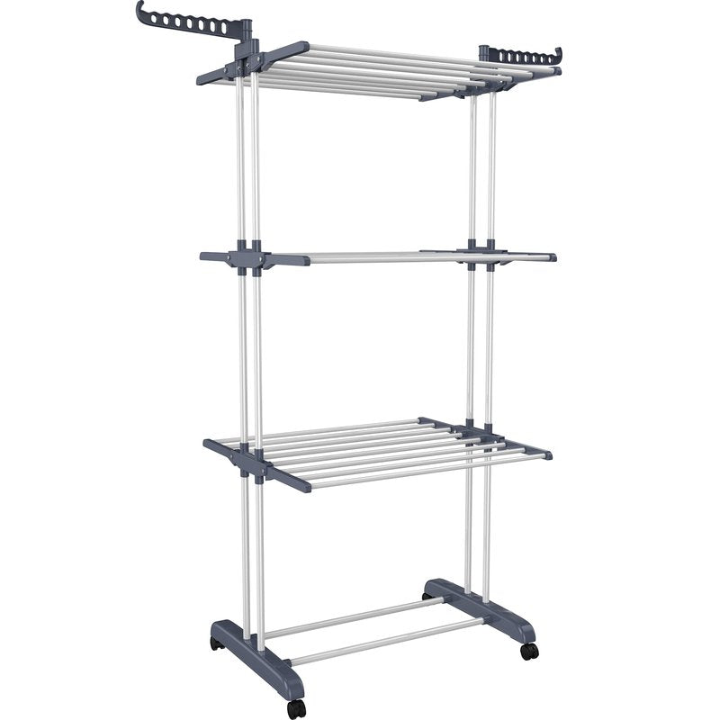 HOMIDEC Clothes Drying Rack, Oversized 4-Tier(67.7" High) Foldable Stainless Steel Drying Rack Clothing, Movable Drying Rack with 4 castors, 24 Drying Poles and 14 Hooks for Bed Linen, Clothing, Grey