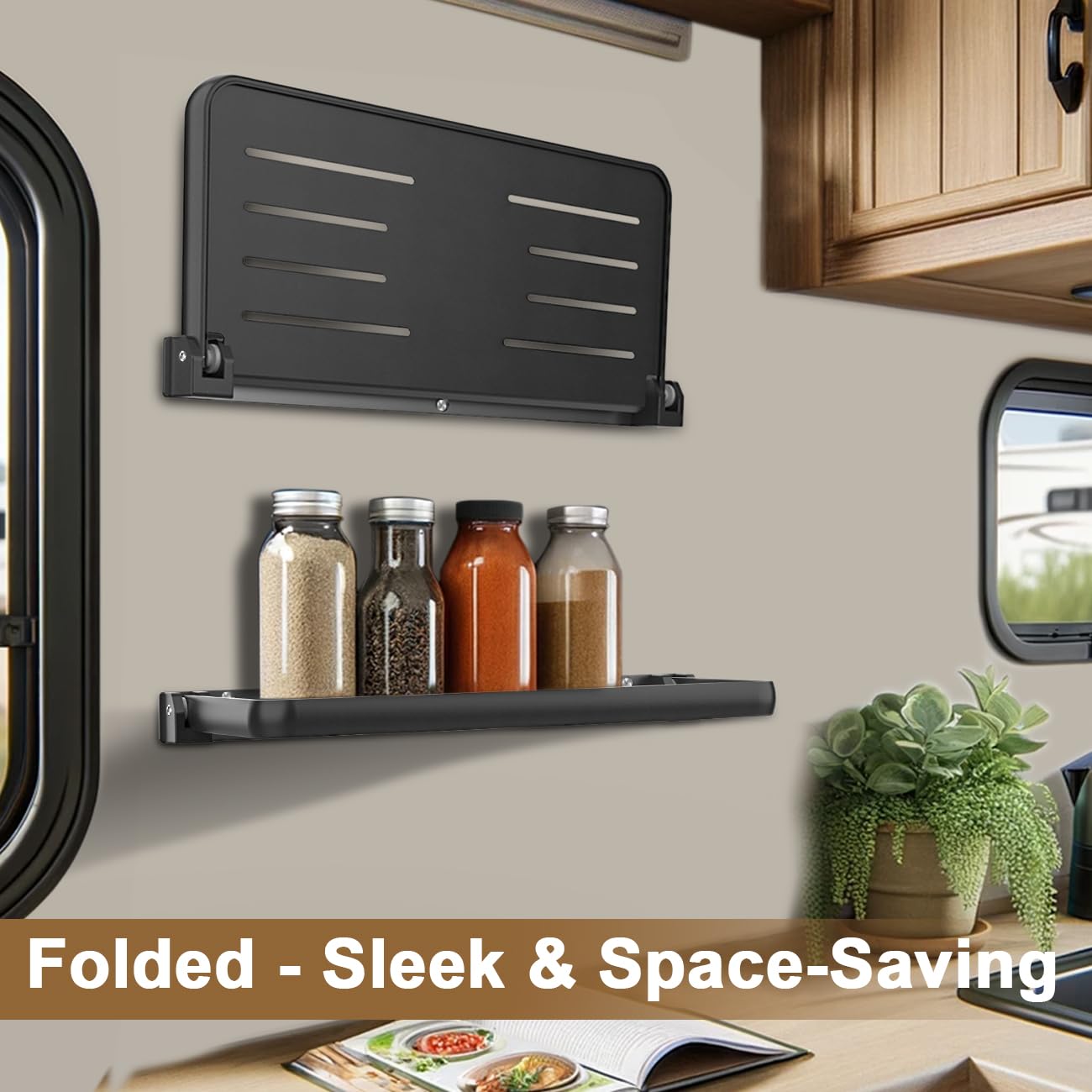 Safoner RV Clothes Drying Rack Ladder Mounted + RV Aluminum Fold-Down Wall Shelf