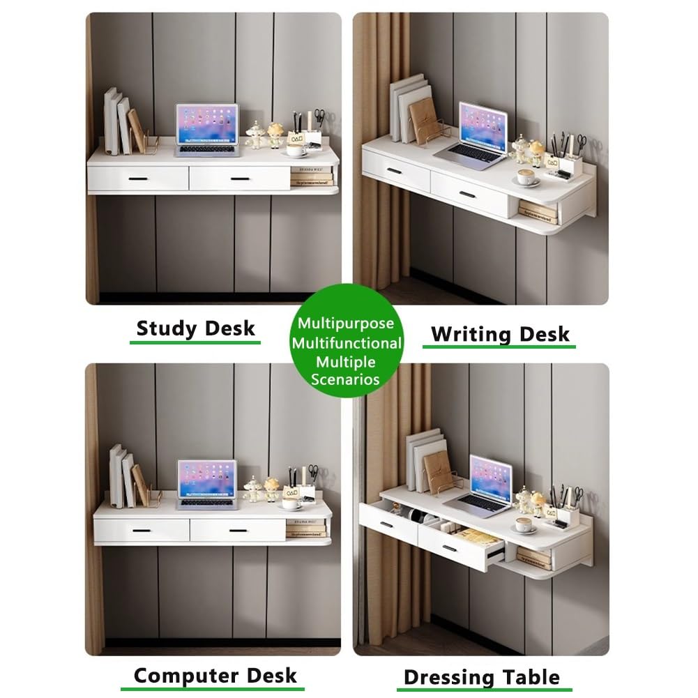 Sxlawesom Wall Mounted Desk, Floating Vanity Makeup Table with Drawer, Space-Saving Wall Organizer Computer Desk for Home Office(White Gray,60x40x25cm)