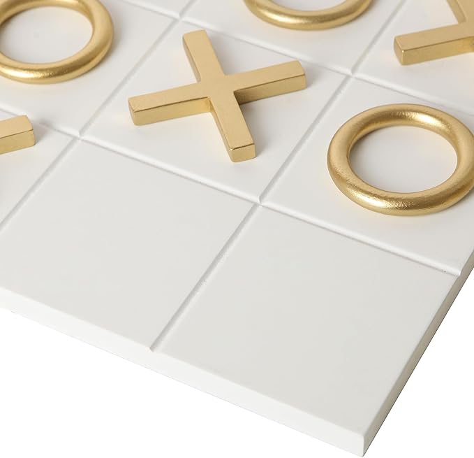 NIKKY HOME 12x12 Inch Tic Tac Toe Wood Game Board Classic Coffee Table Decor Modern Wooden Travel Game for Family White & Gold