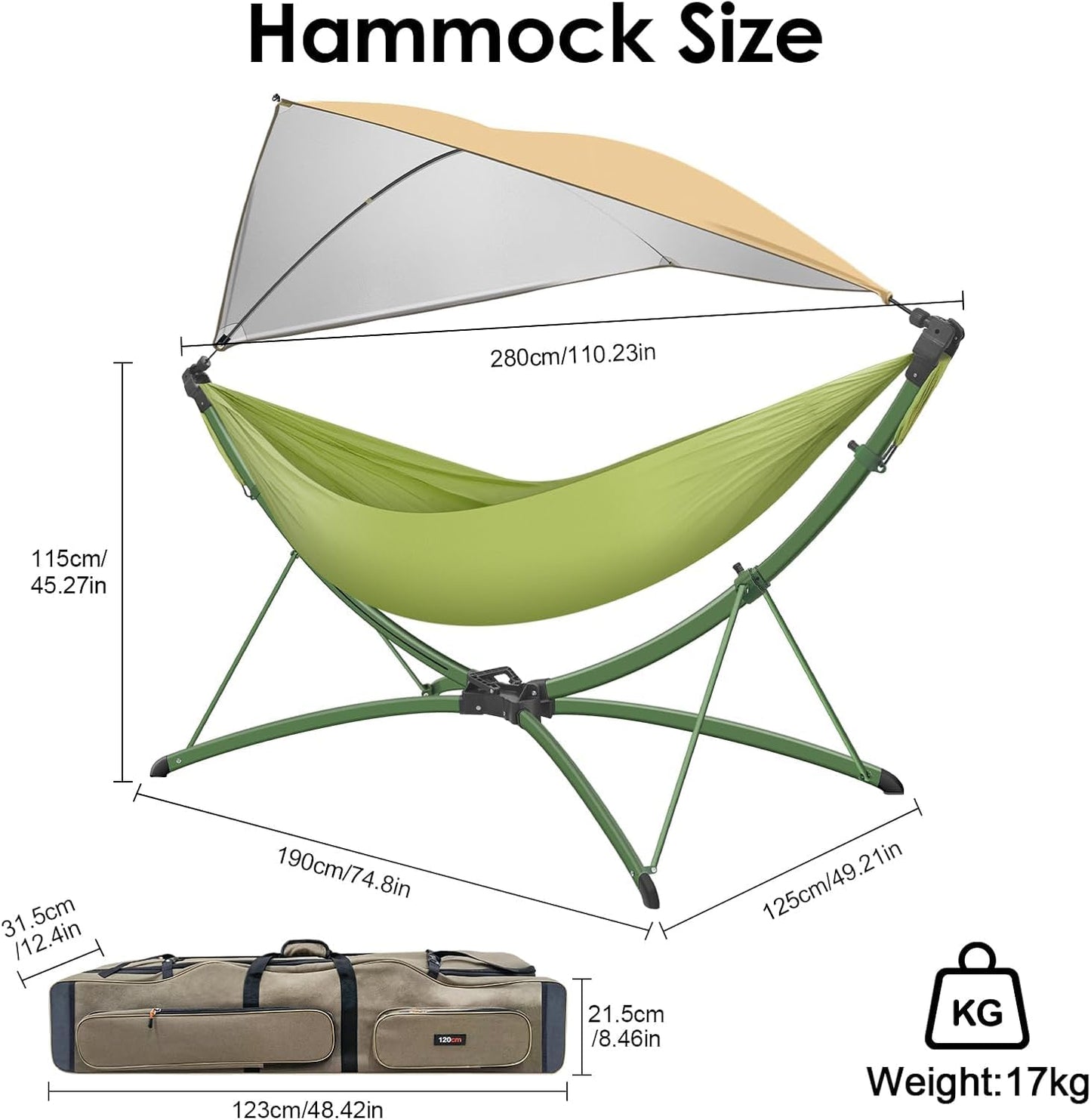 Portable Outdoor Hammock with Quick-Fold Stand,Adjustable Sunshade,Waterproof & UV-Resistant,Heavy-Duty 550lb Capacity,Travel 2-Person Hammock with Storage Bag for Camping,Backyard,Beach,Patio,Indoor