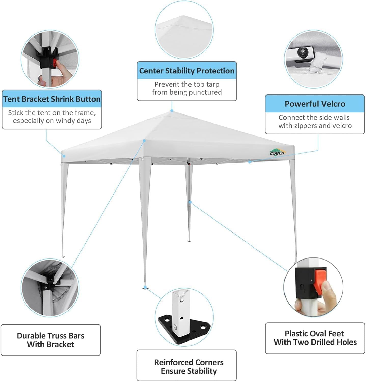 COBIZI 10x10 Pop Up Canopy Tent with 4 Sidewalls Party Tents Waterproof UPF 50+ Commercial Instant Outdoor Events Tent for Parties Markets Backyard, Ropes(10 x 10 ft White