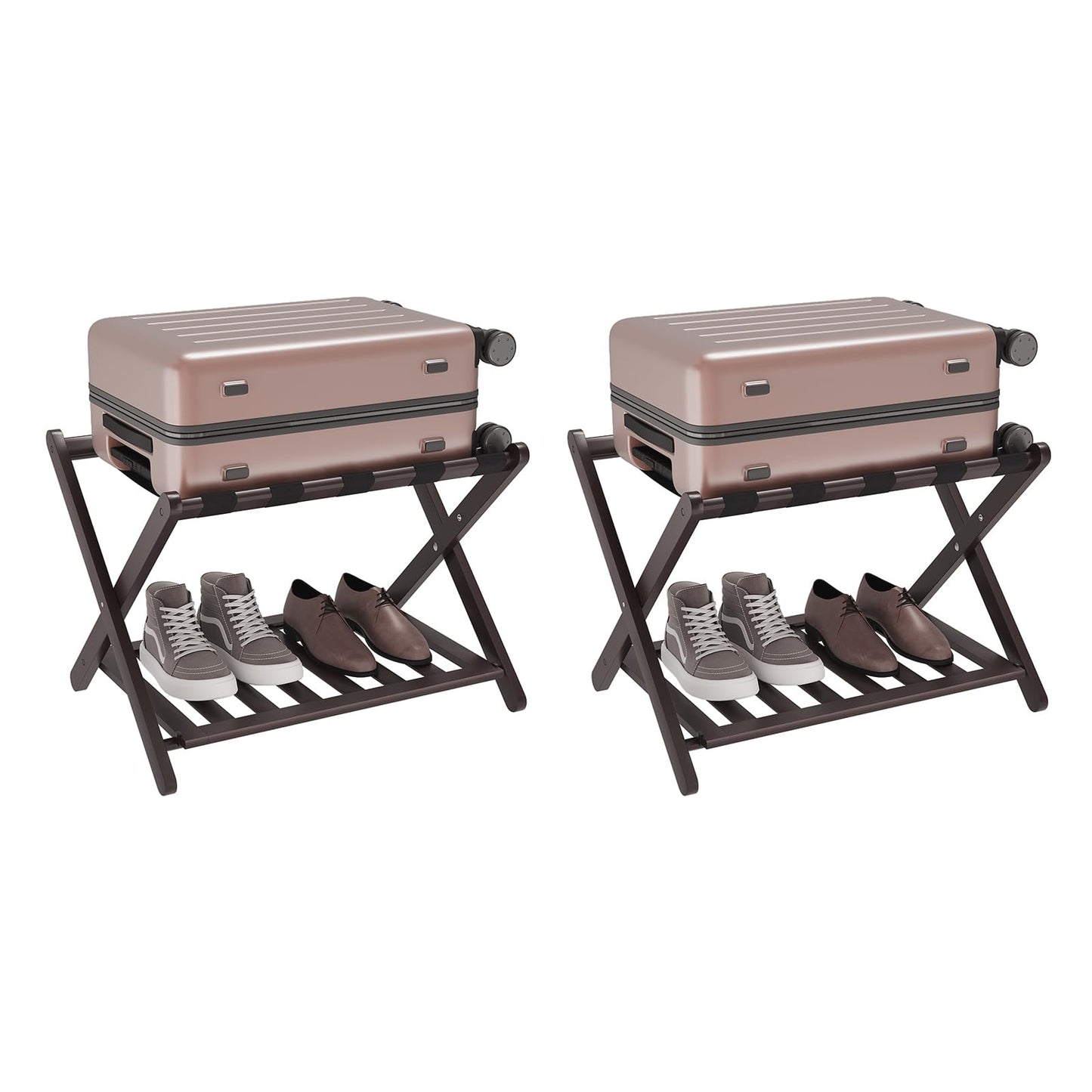 Smuxee Fully Assembled Brown Luggage Racks Pack of 2, Upgraded Bamboo Foldable Suitcase Stand with 5 Nylon Straps, Luggage Holder with Shelf for Guest Room Bedroom Hotel