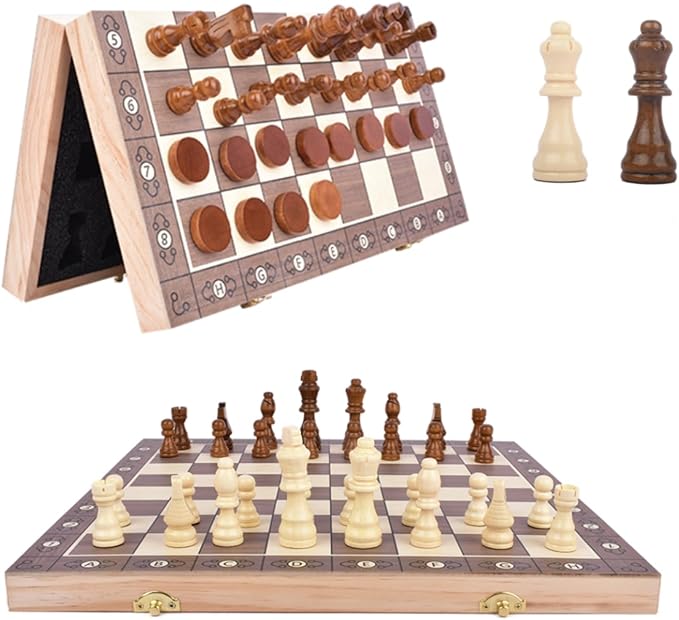 15 Inch Wooden Magnetic Chess Set with Folding Board & Storage – Includes Checkers Fun Strategy Game for Kids and Adults Great for Family Game Night