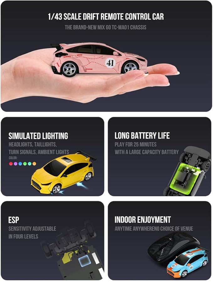 Mini RC Car with HD FPV Camera 1:43 Scale RC Drift Car for 25+ Mins Play 2.4GHz FPV Rc Car with LED Ambient Lights & Gyro Mini Racing Toys for Adults (RTR FPV Goggles Version/Pink)