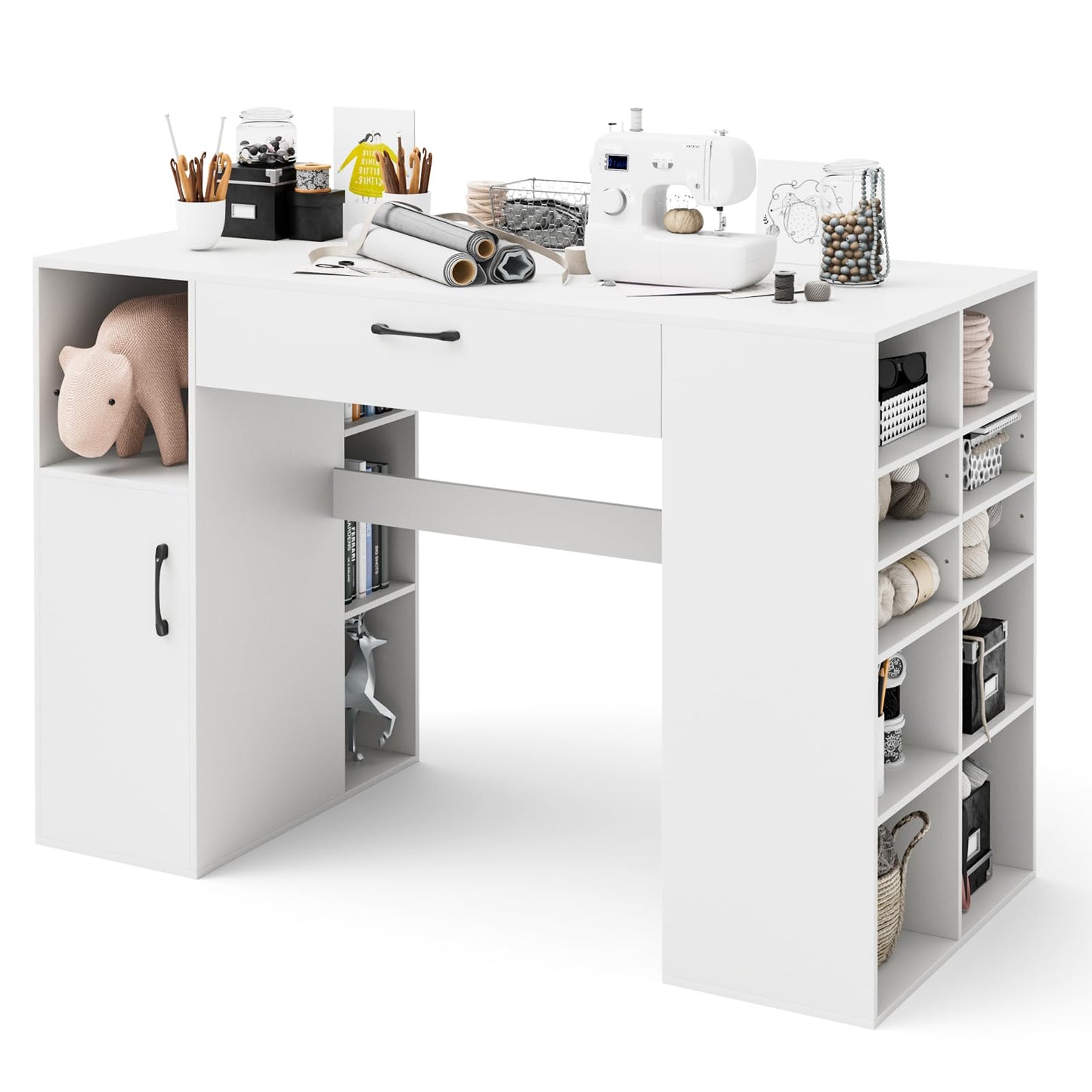 COSTWAY 36” Counter Height Sewing Table, 53 Inch Artwork Craft Table with 14 Open Compartments, 3-Position Adjustable Shelf, 1 Drawer & Cabinet, Project Center Desk Drafting Sewing Workstation, White