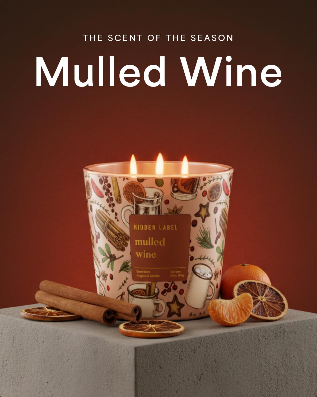 Hidden Label Mulled Wine Scented Candle for Home, 30oz Large 3 Wick Soy Candle, 100H Long Lasting, Cinnamon Orange Clove, Non-Toxic Clean Burn, Christmas Winter Gifts for Women, Holiday Gift