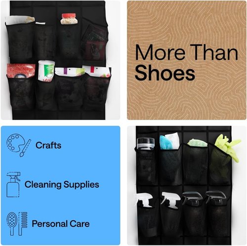 GORILLA GRIP Over The Door Shoe Organizer - 24 Large Breathable Mesh Pockets | Space-Saving Storage in Black