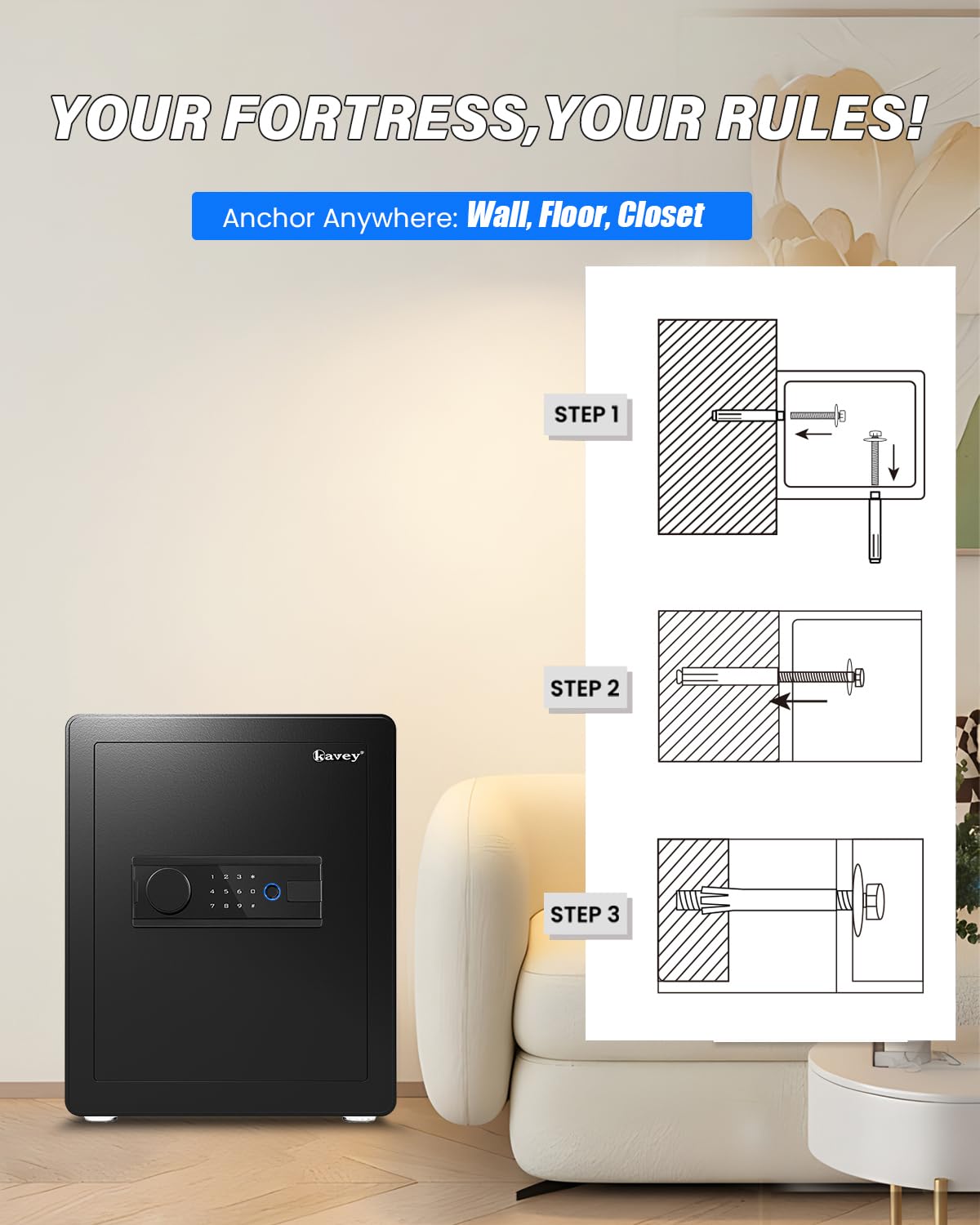 Kavey 2.0 Cubic Feet Biometric Safe Box with Fireproof Waterproof Bag, Fingerprint Home Security Safe with Touchscreen Keypad, Dual Alarm, Mute Mode, LED Light and 2 Adjustable Shelves for Home Office