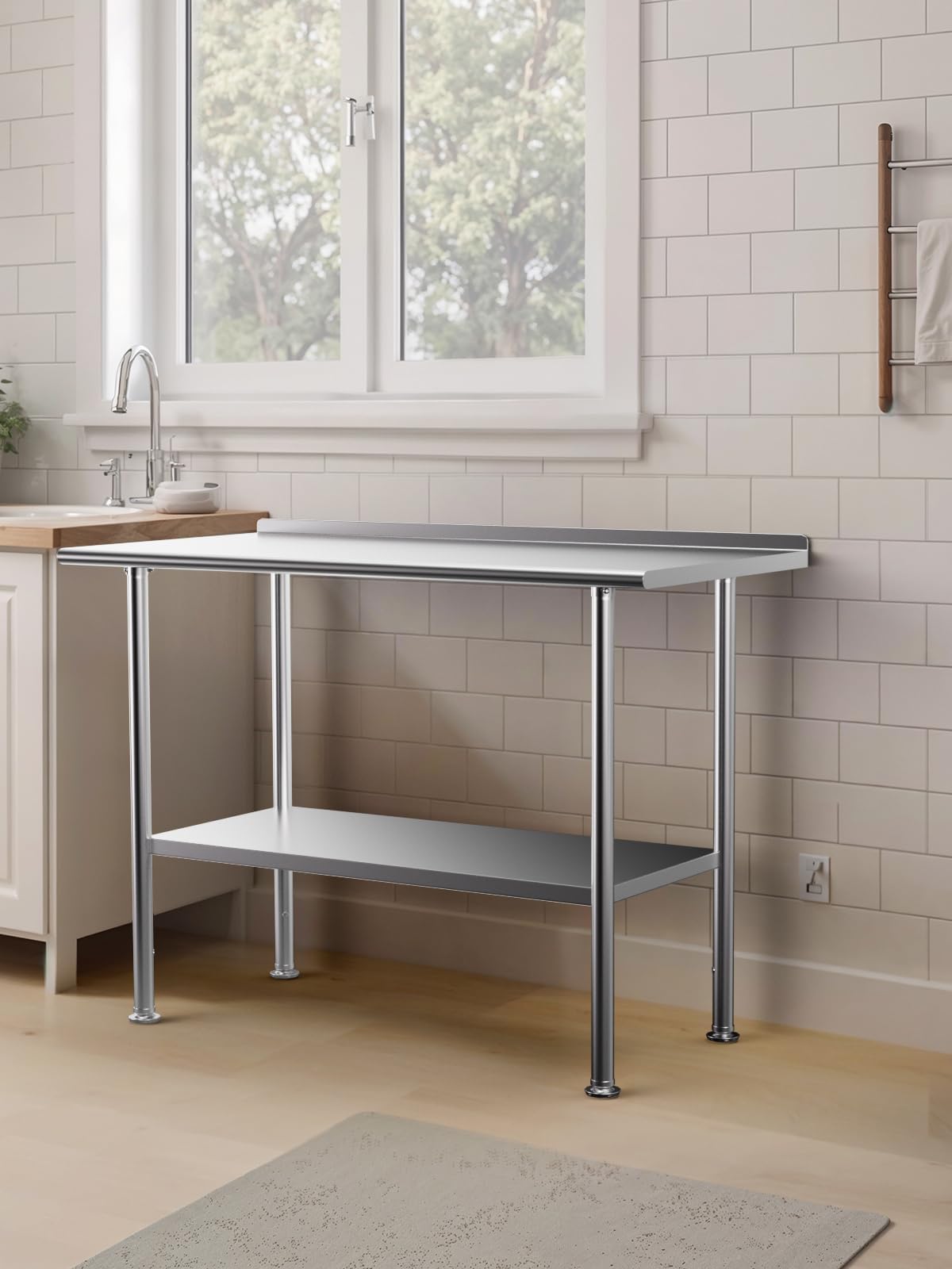 Atelicf All-Stainless Steel Prep Table, 24 X 48 Inch, with Rounded-Corner Backsplash and Adjustable Undershelf, Heavy-Duty for Outdoor Use,Restaurants,Hotels,Workshops,Kitchens,Gardens, and Garages