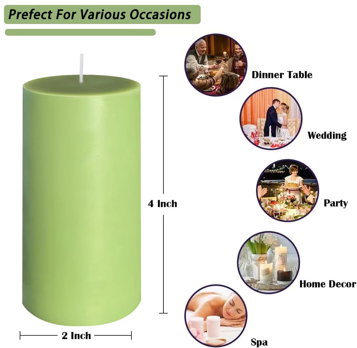 4 Pack Sage-Green Pillar Candles, 2x4 Inch, Long-Lasting, Dripless and Smokeless Unscented Candles, Ideal for Home Décor, Parties Weddings and Relaxation