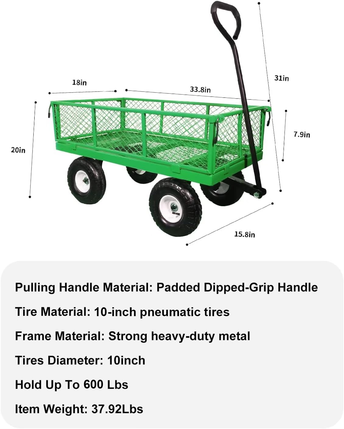 A A IN 600 lbs Heavy Duty Metal Garden Cart, Pull able Yard Wagon with Removable Mesh Sides, 180° Rotating Handle & 10" Wheels, Green
