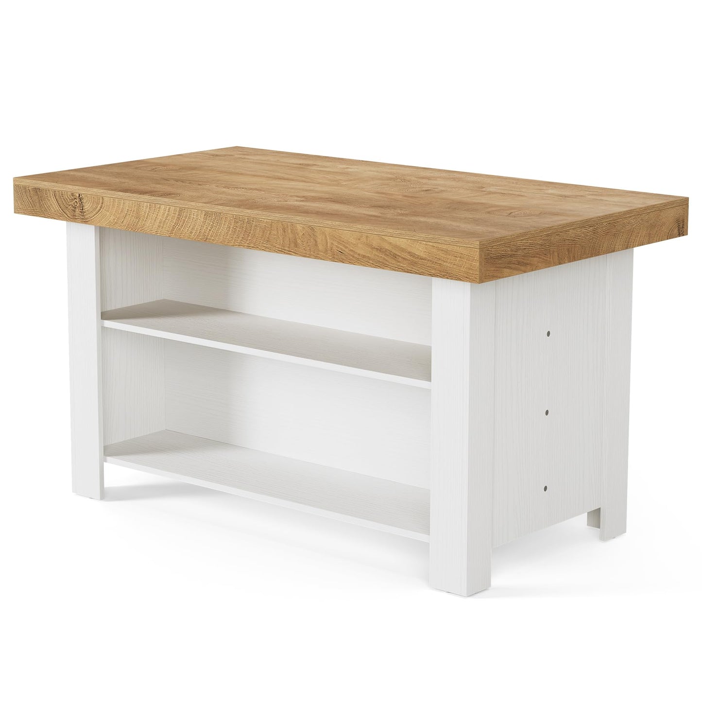 LITTLE TREE 55 Inches Kitchen Island with Storage, 3-Tier Farmhouse Stationary Island Table with Large Worktop & Leg Room, Modern Coffee Bar Table with Storage Shelf for Kitchen, Oak & White