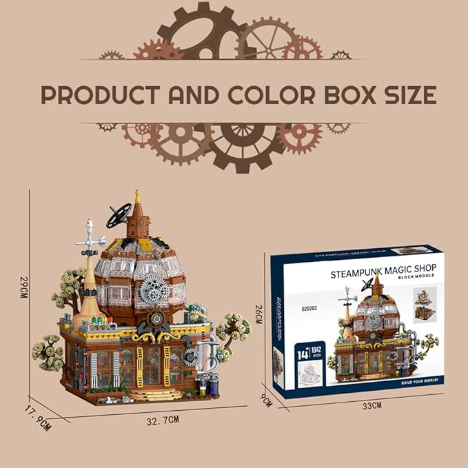Steampunk Magic Shop Building Blocks Set – LED Lighted Model with Rich Details with Mechanic PartsMOC Architecture Toy Display for Adults & Teens(1842 Pcs)