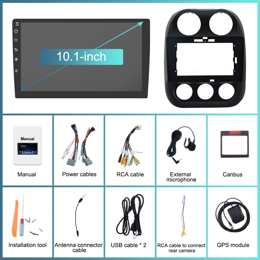 Car Radio for Jeep Compass Patriot 2010-2016, 10.1 inch Touch Screen Android 13 2G RAM 64G ROM Carplay/Android Auto/Mirror Link/SWC/Bluetooth/WiFi AHD Backup Camera