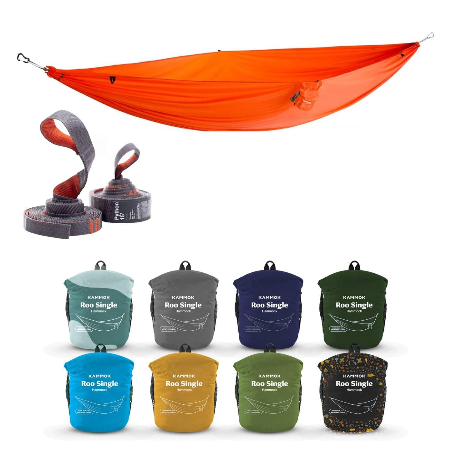 KAMMOK Roo Single Hammock -Lightweight Camping Hammock with Tree-Friendly Python 10' Straps for Outdoor Relaxation - Durable Portable Hammock Made 100% Recycled Nylon for Hiking, Travel & Backyard Use