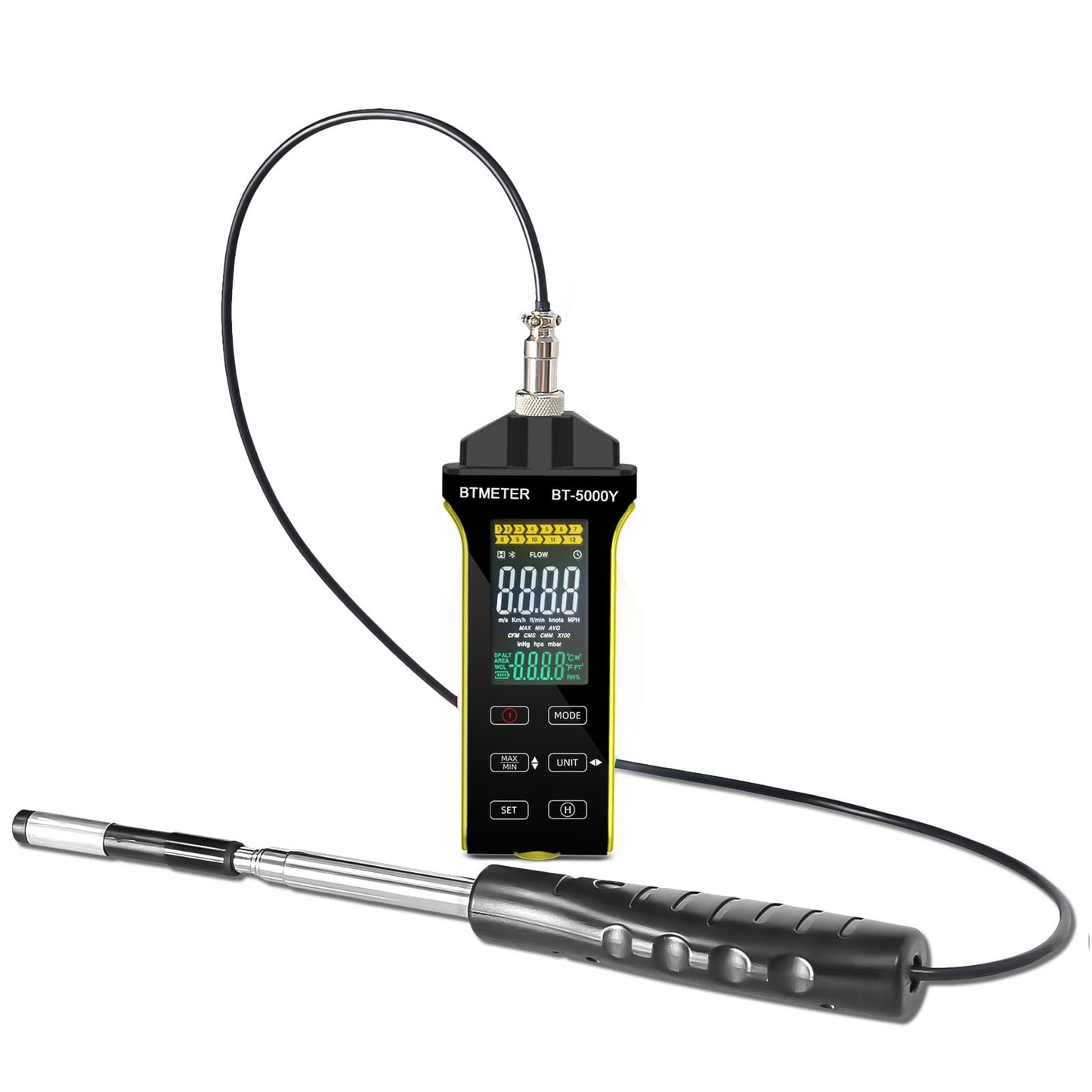 BTMETER Hot Wire Anemometer - CFM/CMM Digital Air Flow Meter, Wind Speed Meter Measure 0.2~67Mph, Thermal Anemometer with 360° Revolve Telescopic Probe for HVAC Duct Air Vent BT-5000Y
