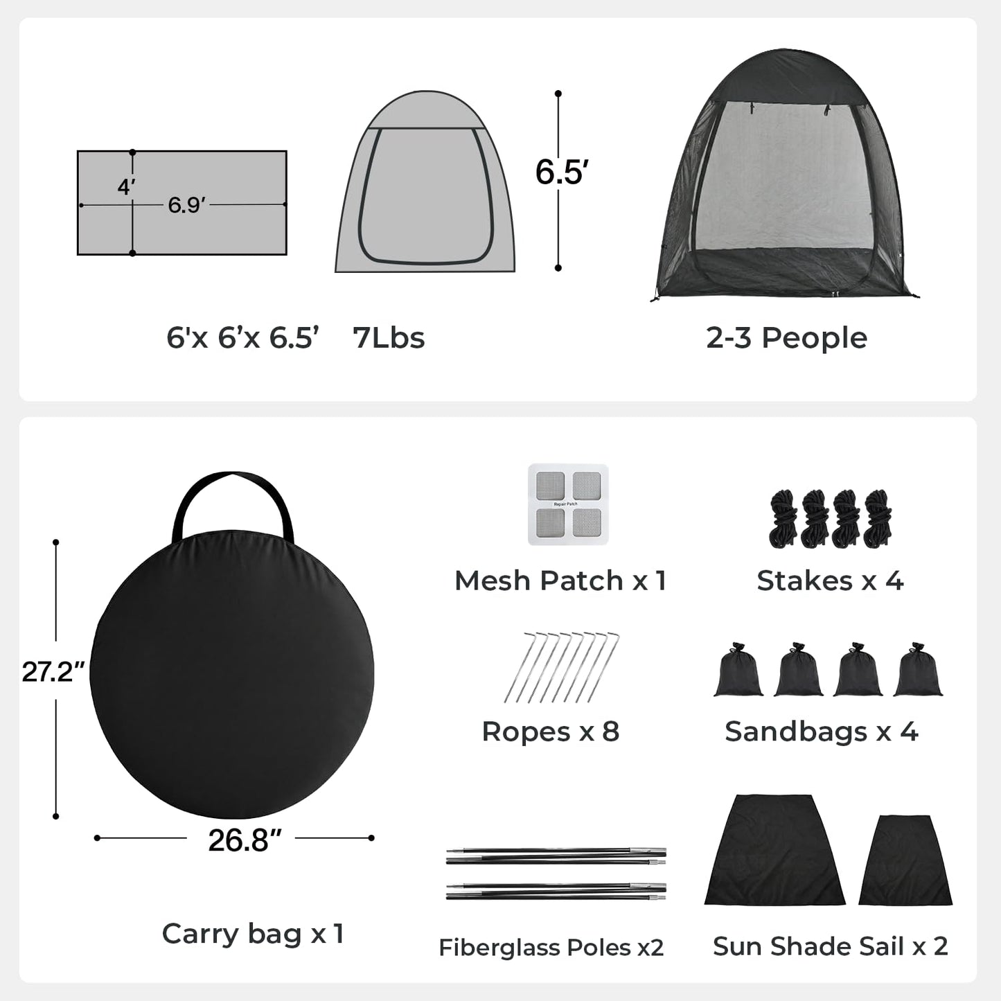 Alvantor® Pop Up Screen House Tent 6x6 FT, Snap-fit Black Mesh Screen Gazebo with Peaked Roof, Portable Screen Room Canopy Shelter with Sunshade & Sandbags for Camping, Backyard, Picnic