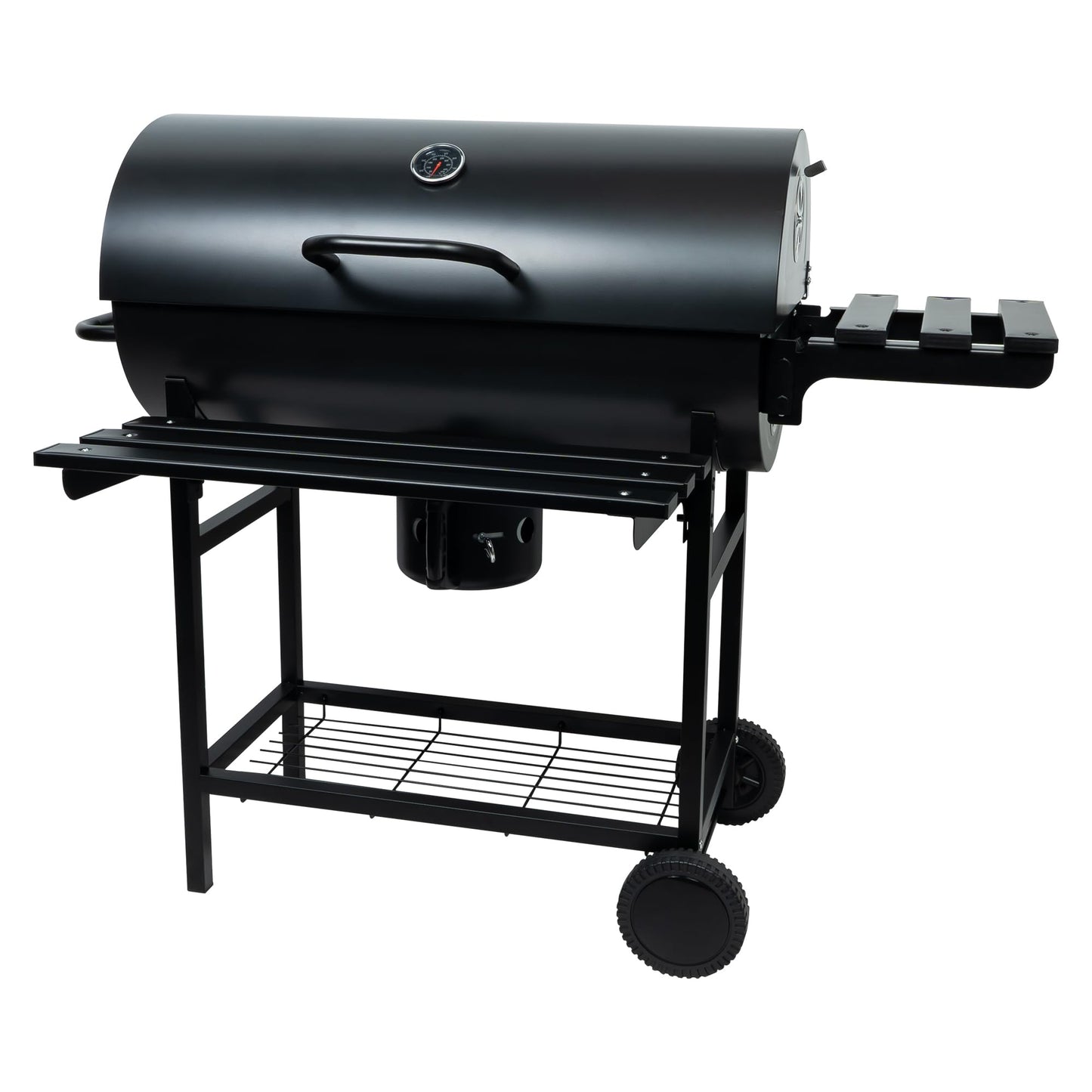Charcoal Grill with Lid, 27" Outdoor BBQ Grill with Thermometer, Side Shelves, Wheels & Ash Catcher, Large Barrel Charcoal Smoker for Backyard, Camping & Outdoor Cooking