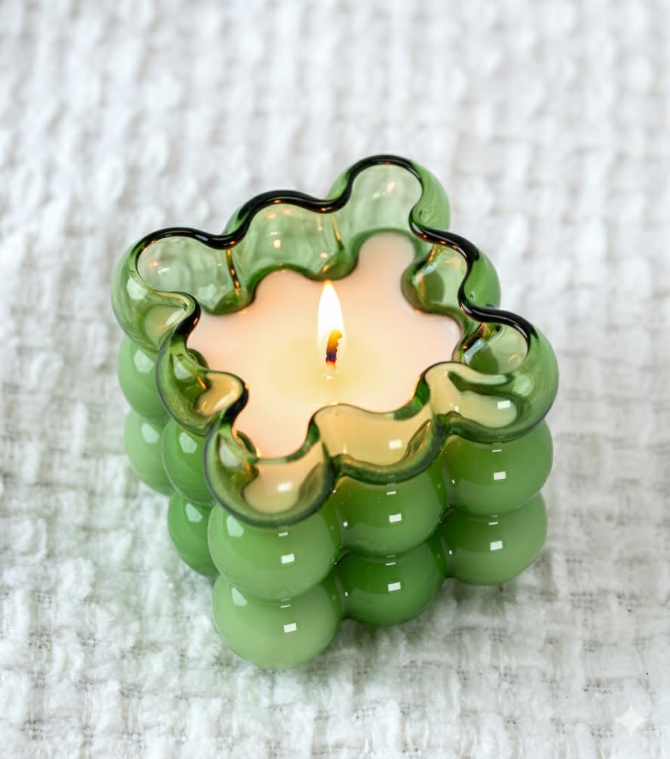 Non-Toxic Soy Candle in Decorative Bubble Glass — 6 oz Modern Green Glass Candle with Winter Applewood Scent