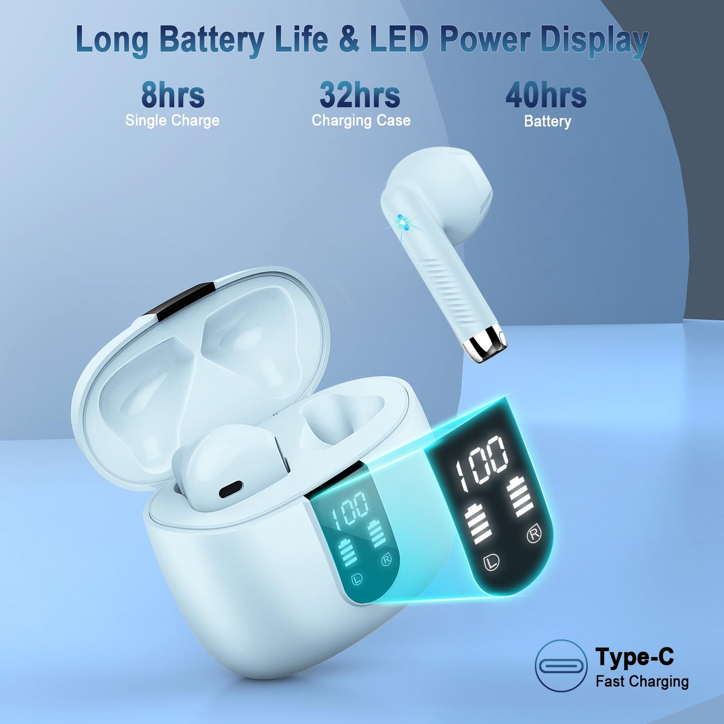 Wireless Earbud, Bluetooth 5.4 Headphones New 40H Ear Bud with LED Power Display, in-Ear Bluetooth Earbud HiFi Stereo Sound with 4 Mics, IP7 Waterproof Wireless Earphones for Android iOS, Light Green
