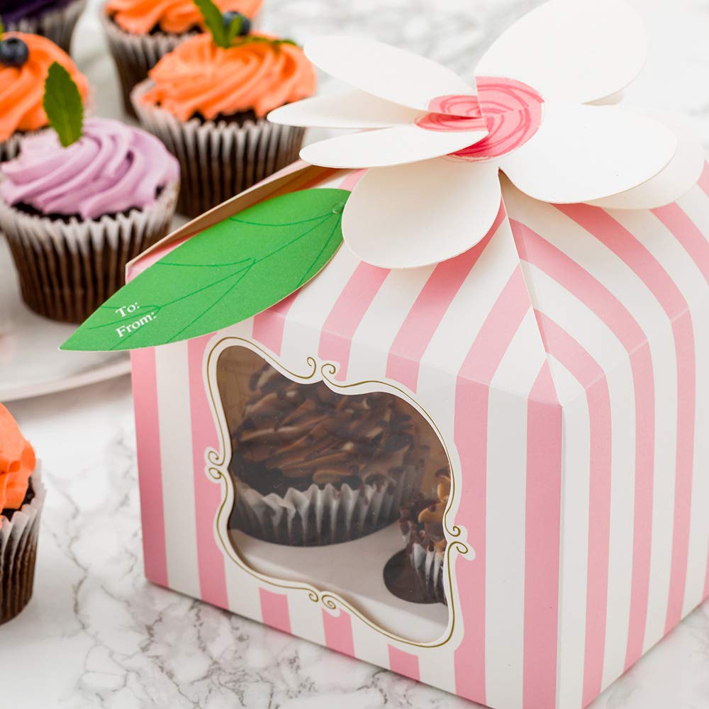 Restaurantware-Pastry Tek 7 x 7 x 5 Inch Cupcake Gift Boxes, 100 Fits 4 Cupcake Favor Boxes - Flower Top, Cupcake Inserts, Pink Paper Treat Boxes With Window, For Weddings Or Parties, Stripes