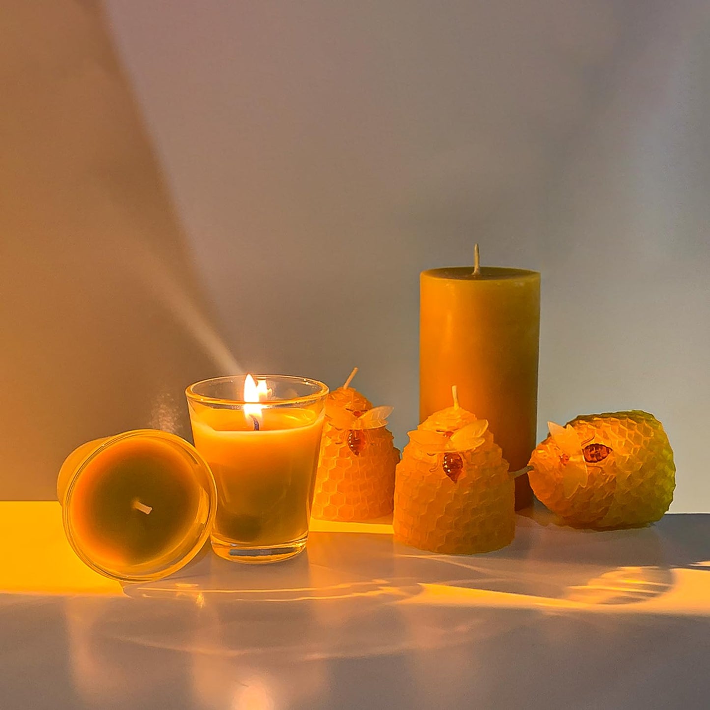 Lacaser Beeswax Candles Bulk Set of 12, Bee Candles with Little Bee Ornament Decors, Bee Themed Gift,Unscented&Smokeless &Dripless, Dia 1.77" x1.97" Each, Yellow