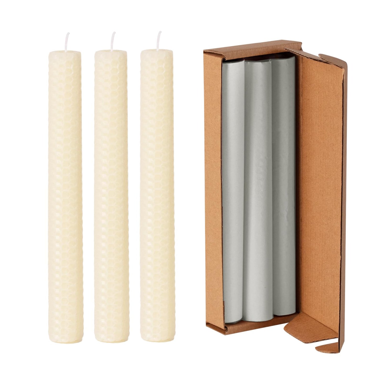 KONNI Natural Beeswax Taper Candles, 0.87 inch x 7.87 inch Hand-Rolled, Unscented, Smokeless Beeswax, Long Burning Time, Flat Top (Pack of 3), for Weddings, Dinner Parties, Spas, and Home Decor