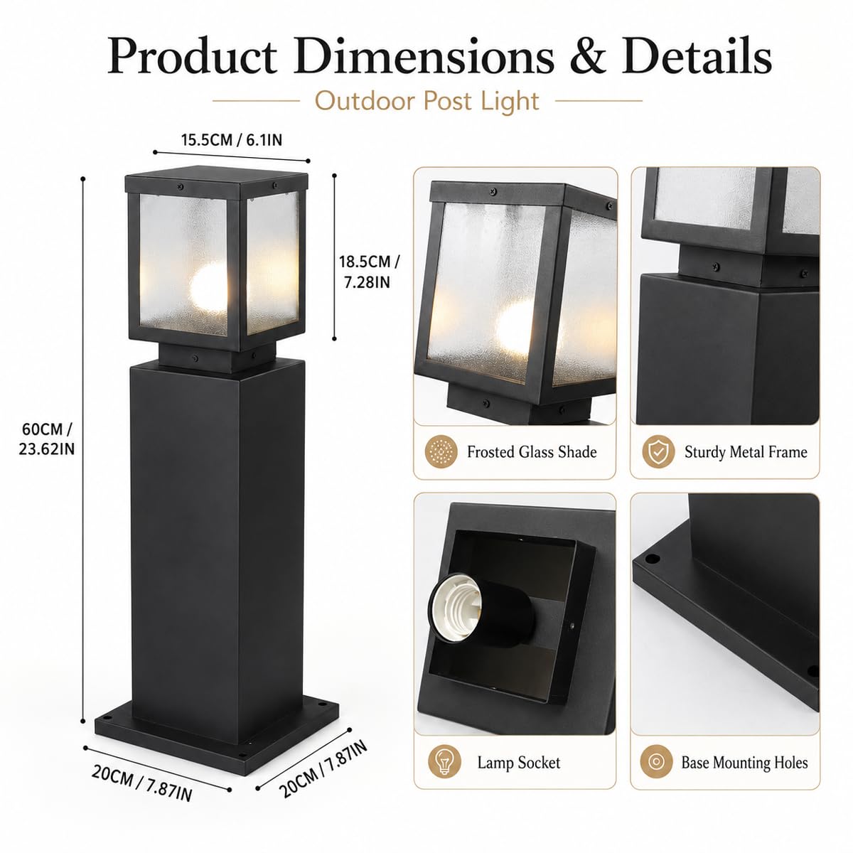 Outdoor Landscape Path Light Modern Black Waterproof Bollard Light Outside Housing Pathway Light Aluminum Walkway Lighting Hardwired E26 Sideway Post Pole Lighting Patio Porch Exterior Lawn Floor Lamp