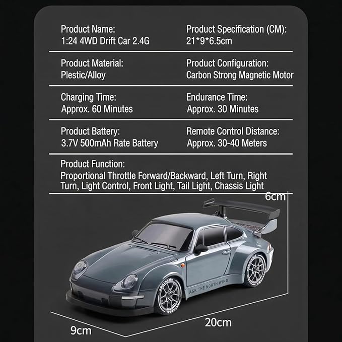 High Speed 1:24 4WD RC Drift Car with Proportional 2.4G Remote Control Dual Tire Configuration and LED Light Racing Vehicle Model for Adults Enthusiasts– Black