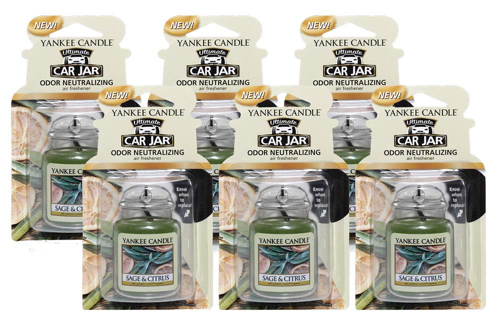 Yankee Candle Car Air Fresheners Hanging Car Jar Ultimate Odor Neutralizing Scent, Sage & Citrus, 6 Packs