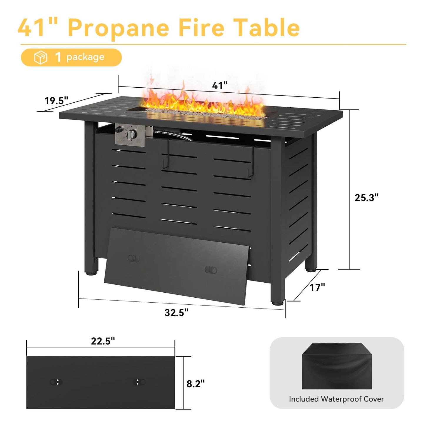 Aoxun 41 Inch Propane Fire Pit–50,000 BTU Gas Fire Pit Table with Removable Lid & Lava Rocks, Rectangle Firepit Table for Outside, Patio, Deck, Backyard, Black