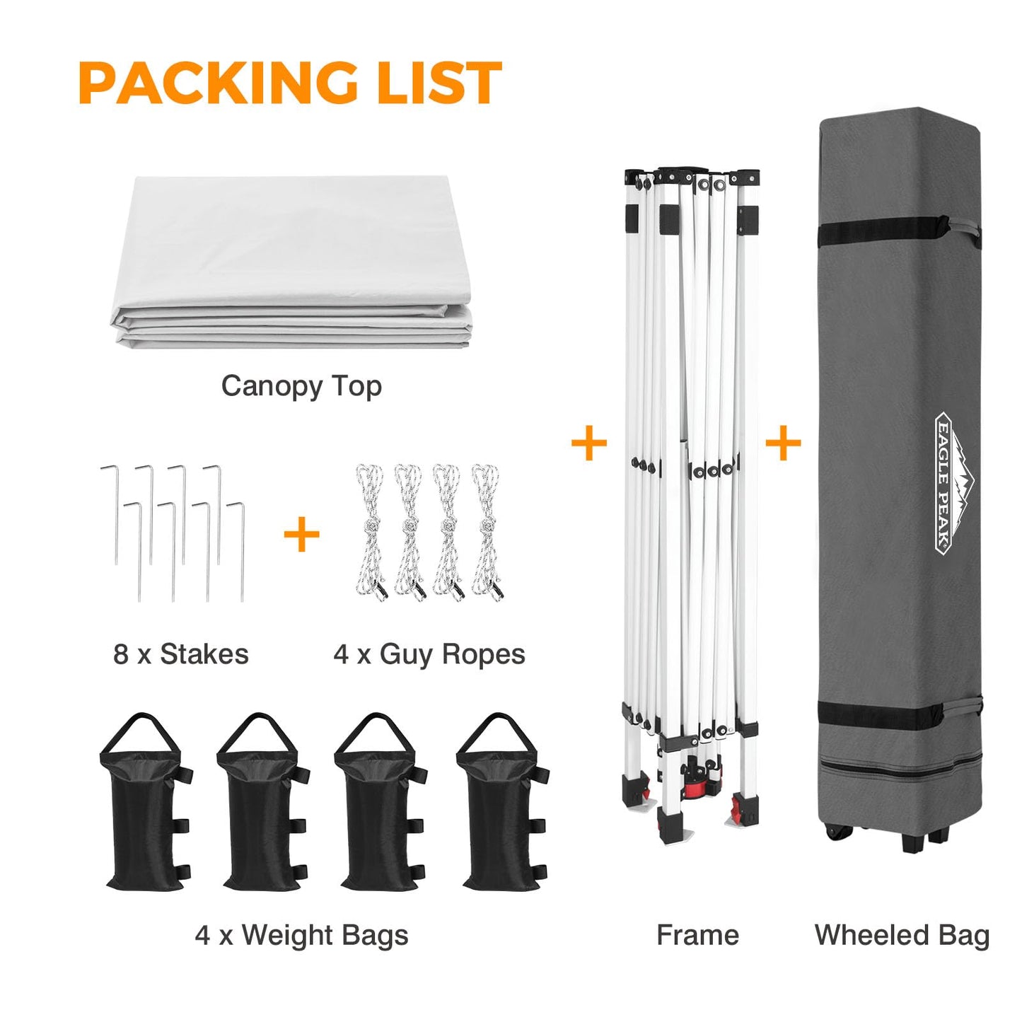 EAGLE PEAK Pop Up Canopy Tent with Wheeled Carry Bag, 8 Stakes, 4 Ropes, 4 Weight Bags, Easy Set Up Tent Canopy, 10x10 ft, 100sqft of Shade, White