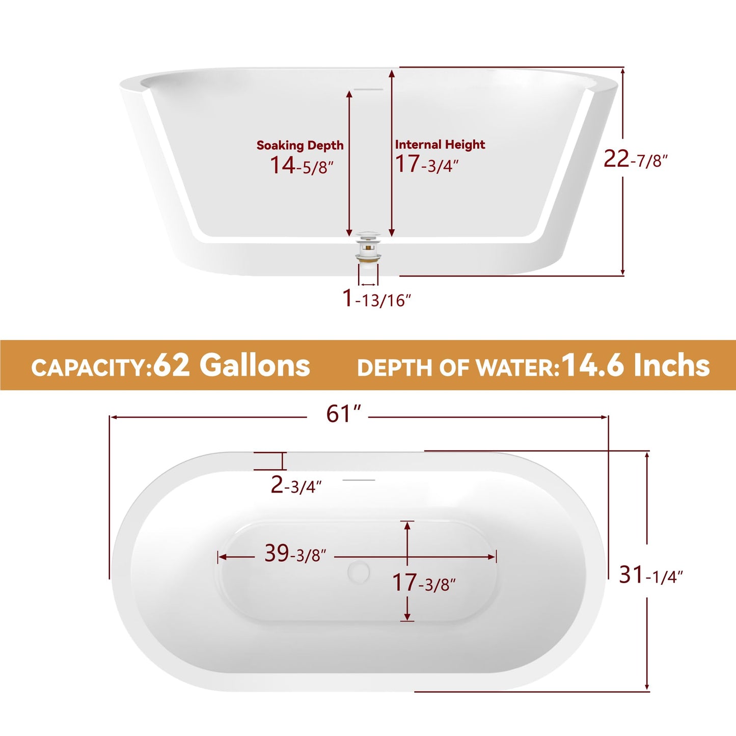 SYLONWILL 61 in. x 31 in.Classic Oval Acrylic Free Standing Tub, Heavy Duty Deep Soaking Tub, Bathroom Stand Alone Tub, Freestanding Bathtub SY1255 (Glossy White)