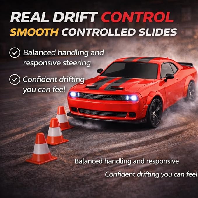 IntelLock 1:24 RTR RC Drift Car with Scratch-Free Drift Tires 4WD High-Speed Muscle 2 Rechargeable Batteries LED Lights 2.4GHz Remote Control Car for Kids & Adults Indoor/Outdoor